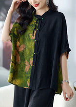 Load image into Gallery viewer, Loose Green Stand Collar Button Print Patchwork Silk Shirts Tops Summer