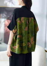 Load image into Gallery viewer, Loose Green Stand Collar Button Print Patchwork Silk Shirts Tops Summer