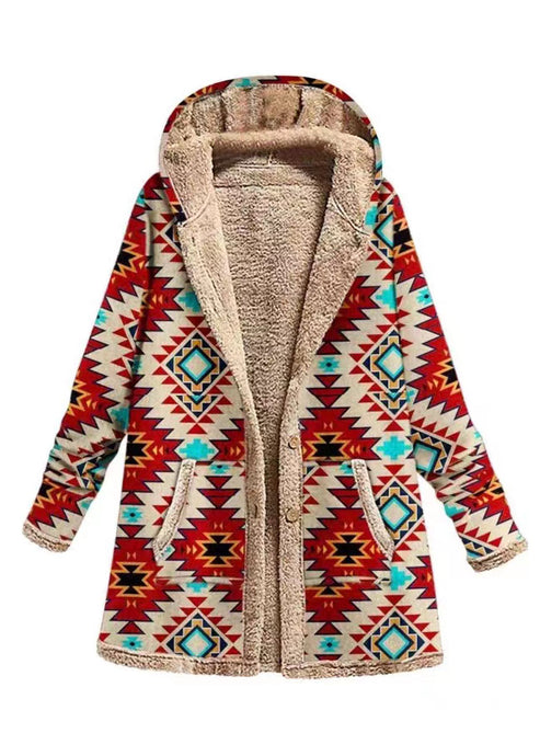 Loose Khaki Hooded Print Pockets Patchwork Warm Fleece Coat Fall