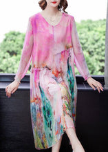 Load image into Gallery viewer, Loose O-Neck Print Wrinkled Party Silk Dress Long Sleeve