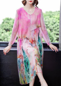 Loose O-Neck Print Wrinkled Party Silk Dress Long Sleeve