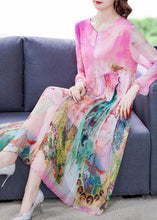 Load image into Gallery viewer, Loose O-Neck Print Wrinkled Party Silk Dress Long Sleeve