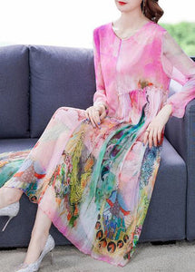 Loose O-Neck Print Wrinkled Party Silk Dress Long Sleeve