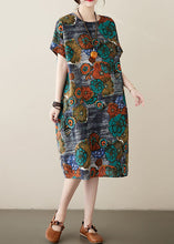 Load image into Gallery viewer, Loose Peacock Blue O Neck Pockets Print Patchwork Cotton Dresses Summer