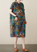 Load image into Gallery viewer, Loose Peacock Blue O Neck Pockets Print Patchwork Cotton Dresses Summer