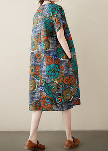 Loose Peacock Blue O Neck Pockets Print Patchwork Cotton Dresses Summer