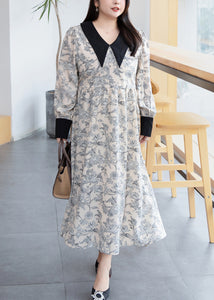 Loose Peter Pan Collar Print Patchwork Cotton Long Dresses Fall