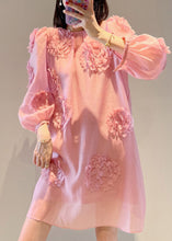 Load image into Gallery viewer, Loose Pink O-Neck Floral Mid Dress Long Sleeve