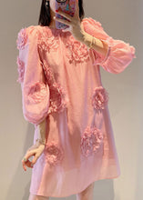 Load image into Gallery viewer, Loose Pink O-Neck Floral Mid Dress Long Sleeve