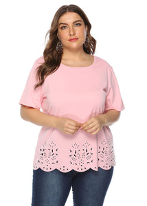 Loose Pink O Neck Hollow Ou Patchwork Cotton T Shirts Tops Short Sleeve