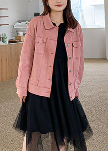 Loose Pink Peter Pan Collar Button Patchwork Faux Suede Coat Fall