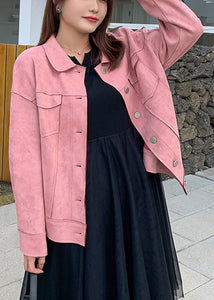 Loose Pink Peter Pan Collar Button Patchwork Faux Suede Coat Fall