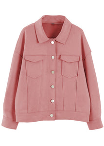 Loose Pink Peter Pan Collar Button Patchwork Faux Suede Coat Fall