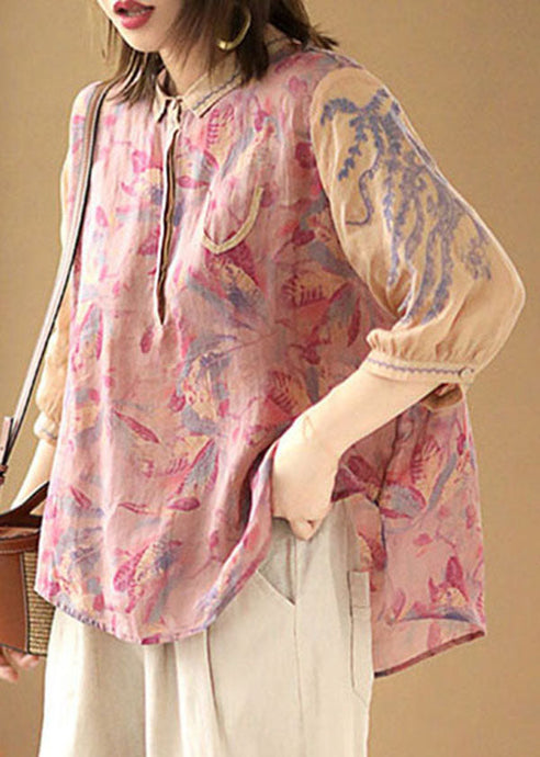 Loose Pink Peter Pan Collar Print Linen Shirt Top Half Sleeve