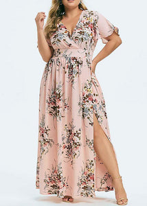 Loose Pink Print Tunic Chiffon Maxi Dress Summer