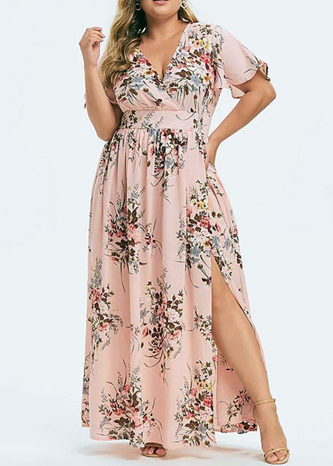 Loose Pink Print Tunic Chiffon Maxi Dress Summer