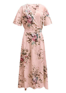 Loose Pink Print Tunic Chiffon Maxi Dress Summer