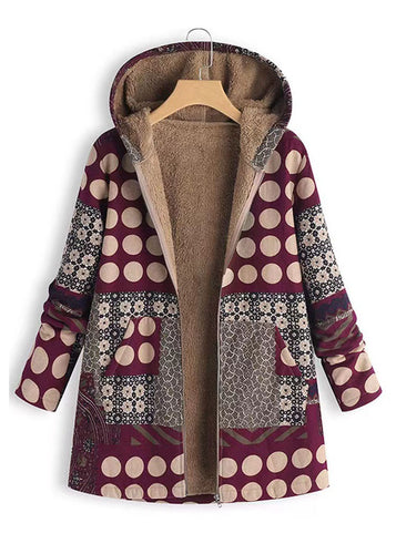 Loose Red Hooded Dot Print Patchwork Warm Fleece Coat Fall