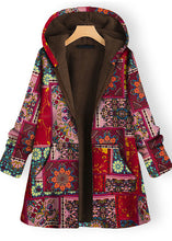 Load image into Gallery viewer, Loose Red Hooded Print Pockets Patchwork Warm Fleece Coat Fall