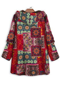 Loose Red Hooded Print Pockets Patchwork Warm Fleece Coat Fall