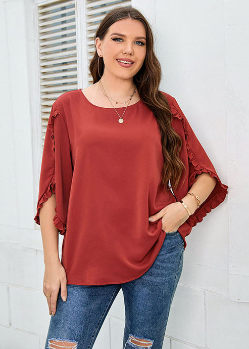 Loose Red O-Neck Ruffled Patchwork Chiffon T Shirt Top Fall