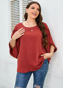 Loose Red O-Neck Ruffled Patchwork Chiffon T Shirt Top Fall