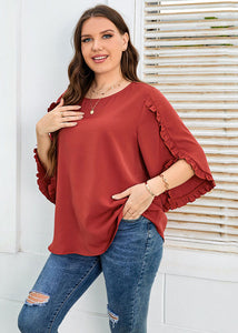 Loose Red O-Neck Ruffled Patchwork Chiffon T Shirt Top Fall