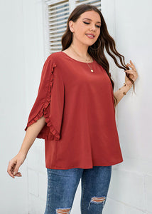 Loose Red O-Neck Ruffled Patchwork Chiffon T Shirt Top Fall