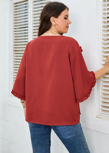 Loose Red O-Neck Ruffled Patchwork Chiffon T Shirt Top Fall