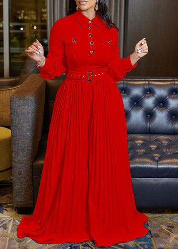 Loose Red Peter Pan Collar Wrinkled Button Spandex Jumpsuit Long Sleeve