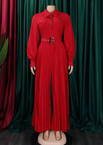 Loose Red Peter Pan Collar Wrinkled Button Spandex Jumpsuit Long Sleeve