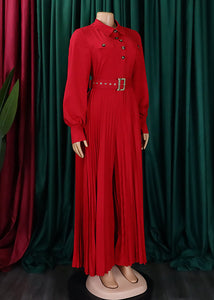 Loose Red Peter Pan Collar Wrinkled Button Spandex Jumpsuit Long Sleeve