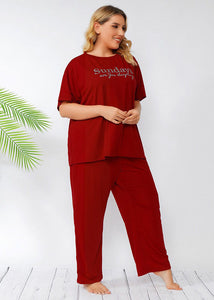 Loose Red T Shirt Tops And Pants Patchwork Cotton Two Piece Set Pajamas Summer