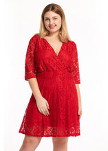 Load image into Gallery viewer, Loose Red V Neck Hollow Out Patchwork Lace Mid Dress Summer