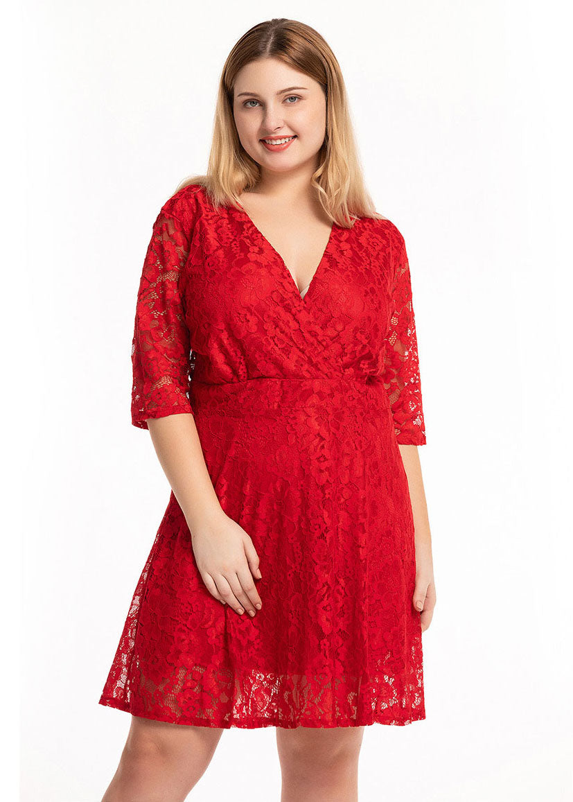 Loose Red V Neck Hollow Out Patchwork Lace Mid Dress Summer