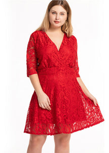 Loose Red V Neck Hollow Out Patchwork Lace Mid Dress Summer