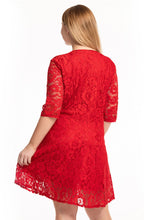 Load image into Gallery viewer, Loose Red V Neck Hollow Out Patchwork Lace Mid Dress Summer