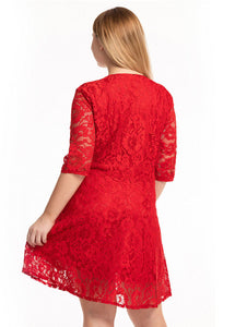 Loose Red V Neck Hollow Out Patchwork Lace Mid Dress Summer