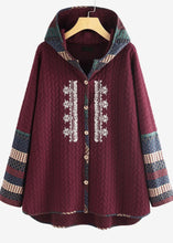 Load image into Gallery viewer, Loose Wine Red Hooded Embroideried Button Patchwork Thick Coats Fall