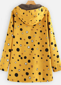 Loose Yellow Hooded Dot Print Patchwork Warm Fleece Coat Fall