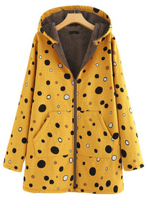 Loose Yellow Hooded Dot Print Patchwork Warm Fleece Coat Fall