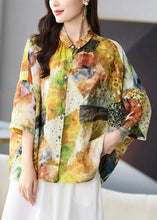 Load image into Gallery viewer, Loose Yellow Peter Pan Collar Button Print Linen Blouses Tops Summer