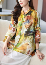 Load image into Gallery viewer, Loose Yellow Peter Pan Collar Button Print Linen Blouses Tops Summer