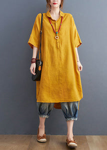 Loose Yellow Peter Pan Collar Patchwork Cotton Shirts Dress Summer