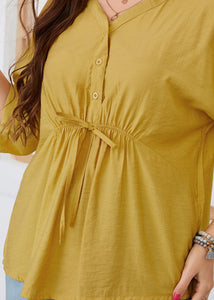 Loose Yellow Peter Pan Collar Patchwork Wrinkled Button Solid Shirt Short Sleeve
