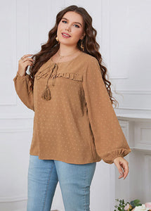 Loose Yellow Ruffled Lace Up Patchwork Chiffon Tops Long Sleeve