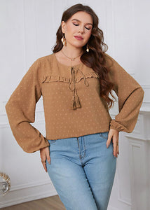 Loose Yellow Ruffled Lace Up Patchwork Chiffon Tops Long Sleeve