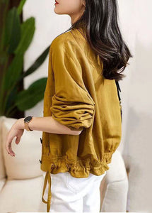 Loose Yellow Stand Collar Button Patchwork Cotton Jacket Fall