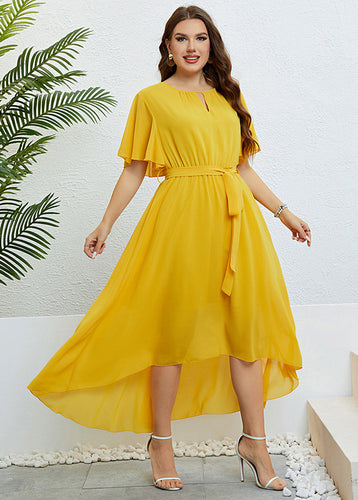 Loose Yellow V Neck Tie Waist Low High Design Solid Chiffon Maxi Dresses Short Sleeve