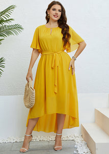 Loose Yellow V Neck Tie Waist Low High Design Solid Chiffon Maxi Dresses Short Sleeve